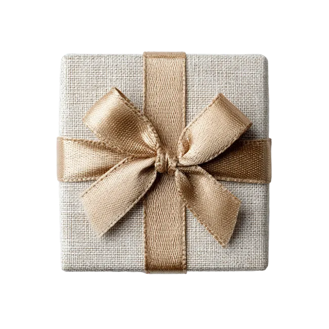 Square beige gift box with a gold ribbon bow