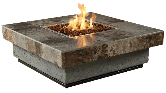 Square Stone Fire Pit with Burning Flames