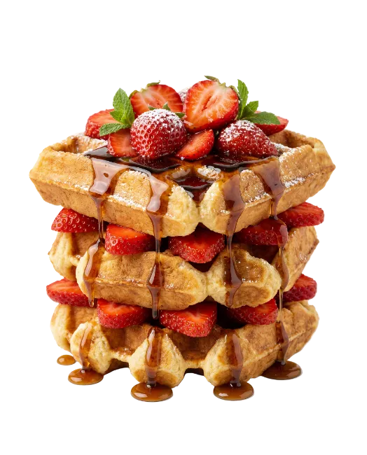 Stack of Belgian waffles with strawberries and syrup