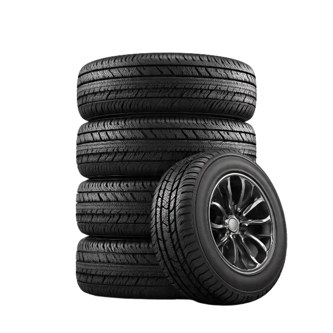 Stack of black tires with one alloy wheel