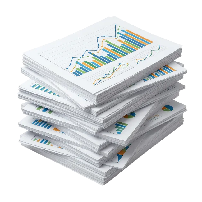 Stack of business reports with colorful charts