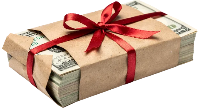 Stack of Cash Wrapped in Brown Paper and Red Ribbon