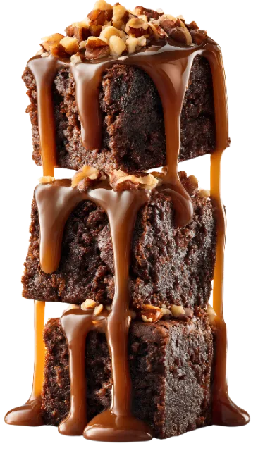 Stack of Chocolate Brownies with Caramel and Nuts