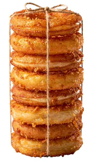 Stack of Crispy Breaded Onion Rings Tied with Twine