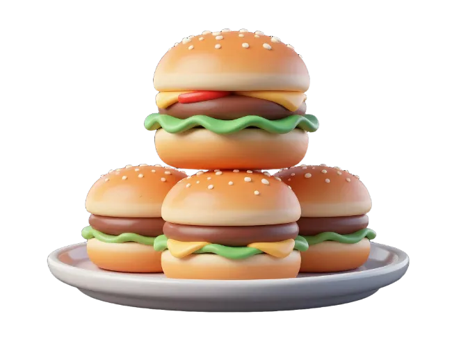 Stack of delicious 3D burgers on a plate