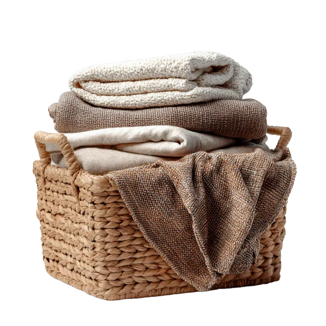 Stack of folded blankets and textiles in a woven basket