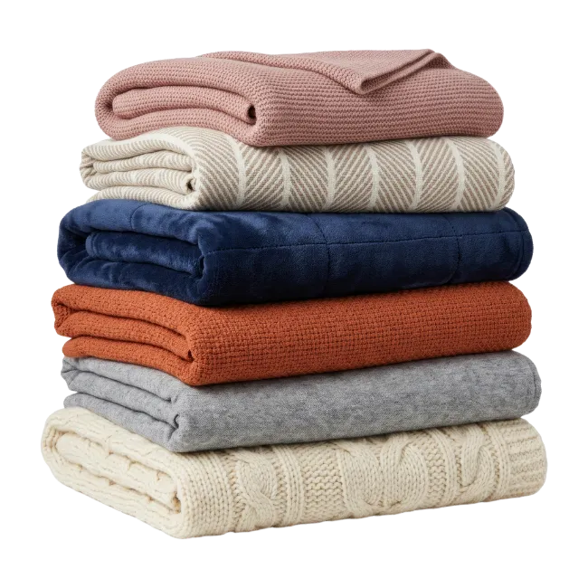 Stack of folded colorful blankets