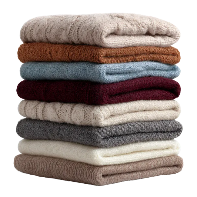 Stack of folded knitted sweaters in various colors