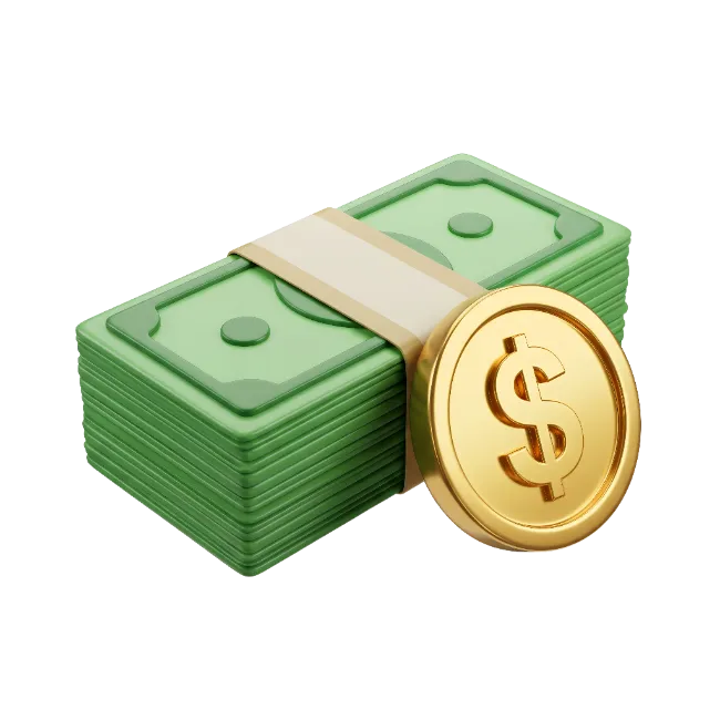 Stack of green banknotes with golden dollar coin