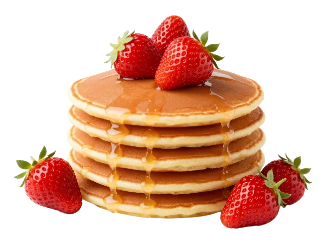 Stack of Pancakes with Syrup and Fresh Strawberries