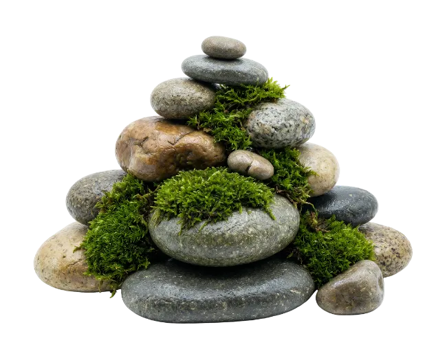 Stack of Smooth River Rocks with Green Moss