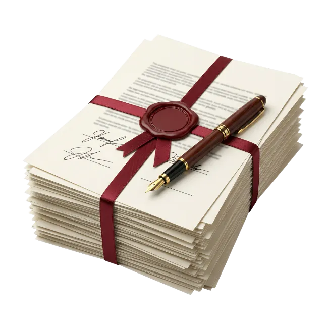 Stacked Letters with Red Ribbon and Fountain Pen