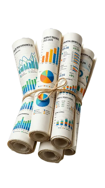 Stacked Rolled Financial Charts and Market Reports