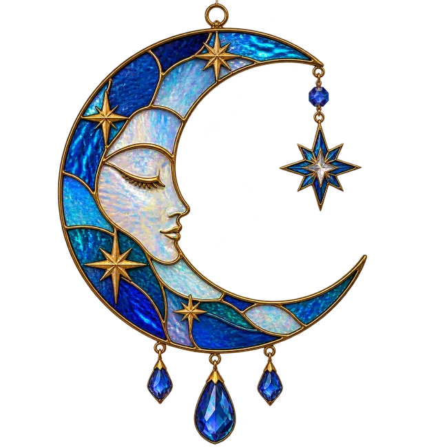 Stained Glass Crescent Moon With Stars And Blue Crystals