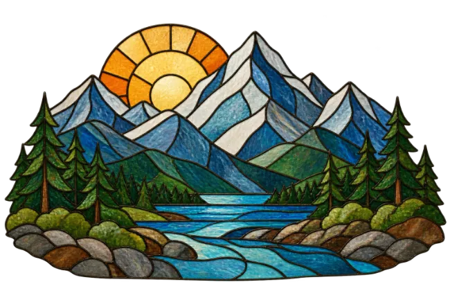 Stained Glass Mountain Landscape With Sun