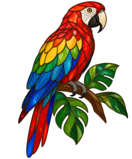 Stained Glass Parrot Perched on Branch