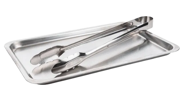 Stainless Steel Tongs on Metal Tray