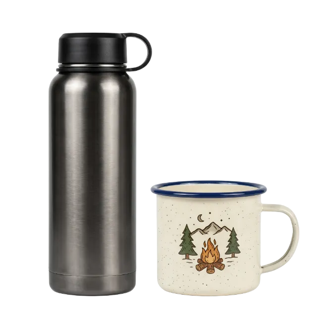 Stainless Steel Water Bottle And Campfire Camping Mug