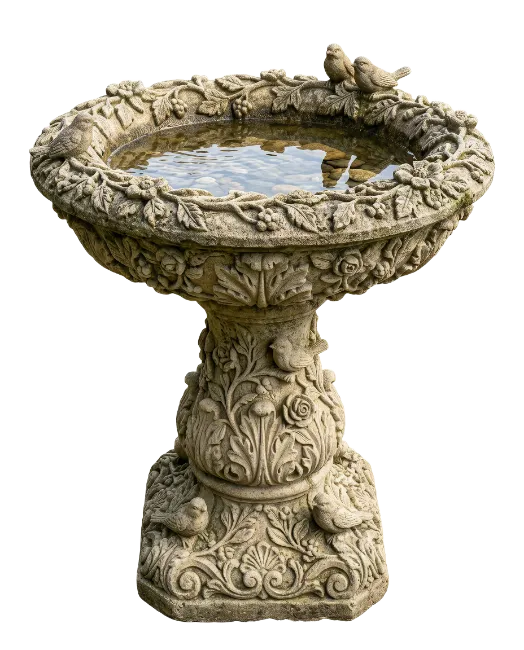 Stone Birdbath with Carved Birds