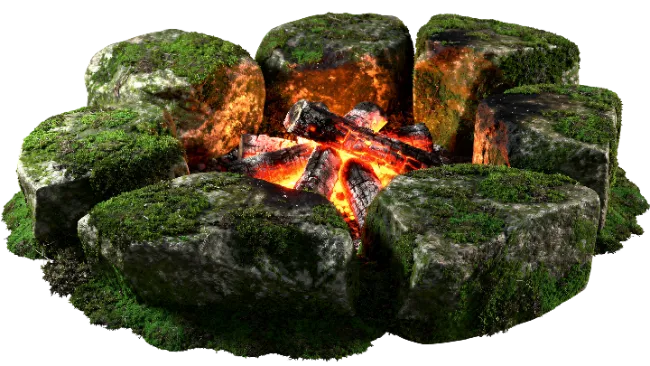 Stone Campfire Ring with Glowing Embers and Moss