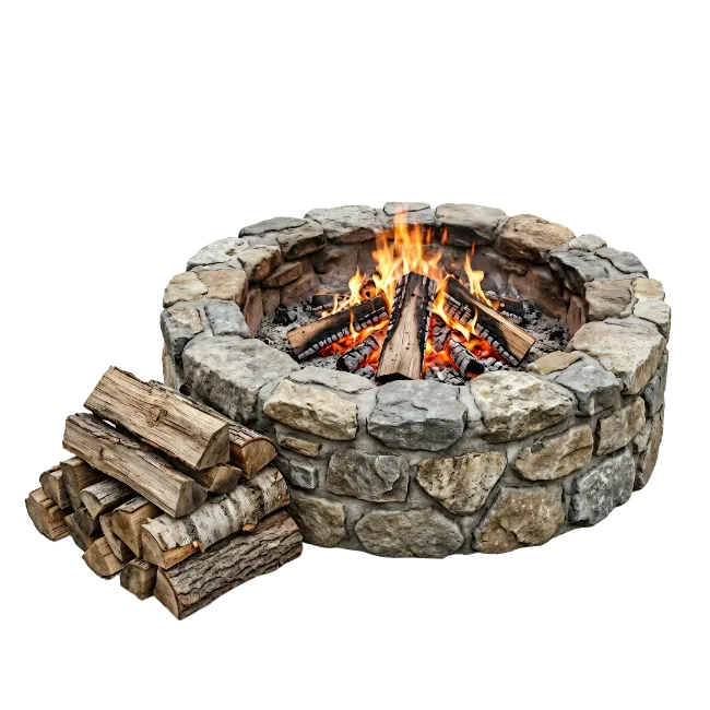 Stone Fire Pit with Burning Wood