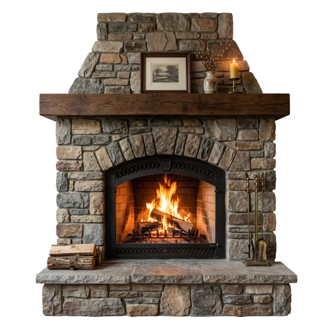 Stone Fireplace with Burning Fire