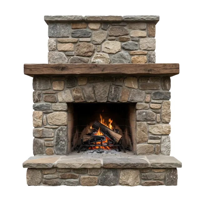 Stone Fireplace with Wooden Mantel and Burning Fire