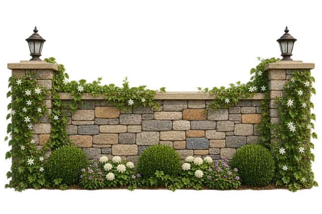 Stone Garden Wall with Pillars and Plants