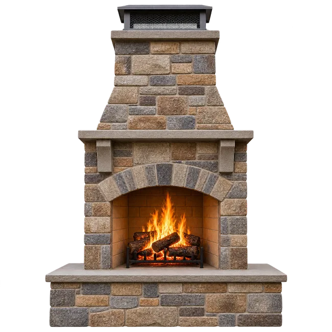 Stone Outdoor Fireplace with Burning Log Fire