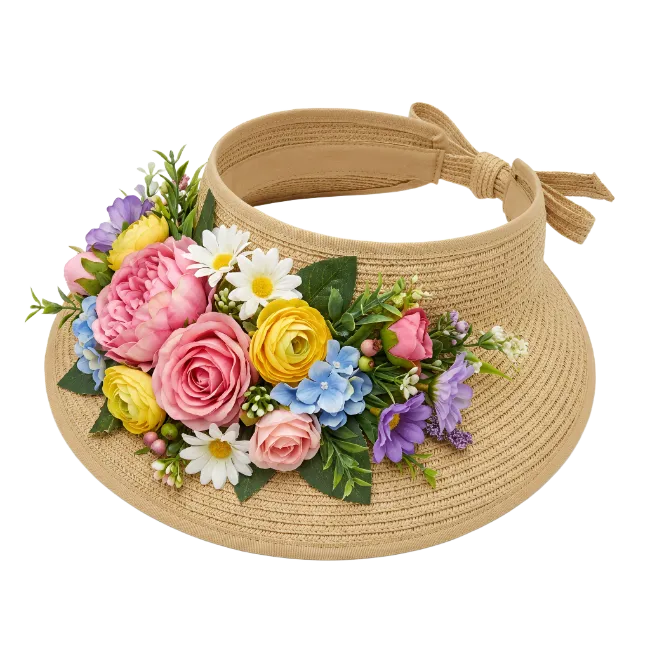 Straw Sun Visor with Floral Decoration