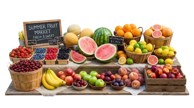 Summer Fruit Market Display with Fresh Fruits