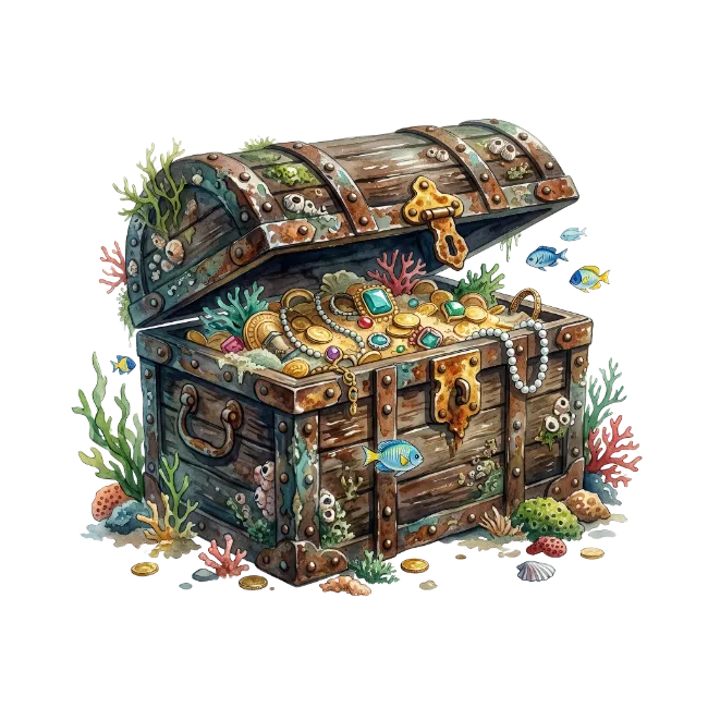 Sunken Treasure Chest Filled with Jewels and Gold
