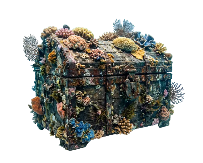 Sunken Wooden Treasure Chest Covered in Coral