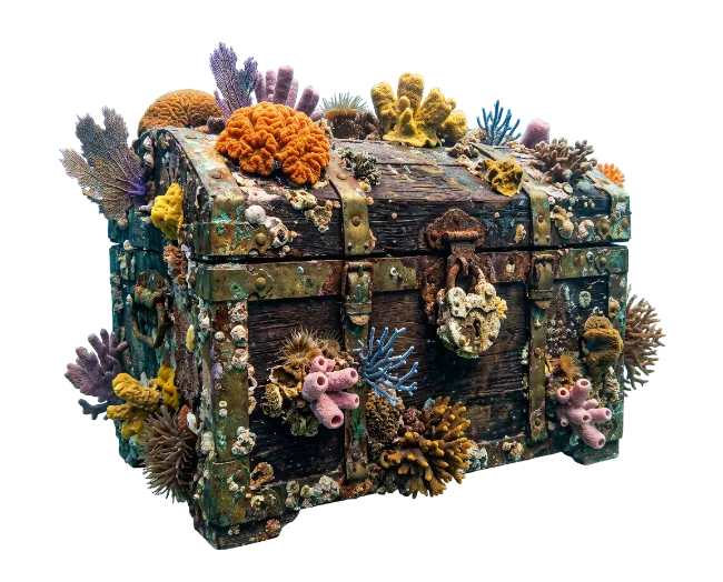 Sunken Wooden Treasure Chest with Coral and Barnacles