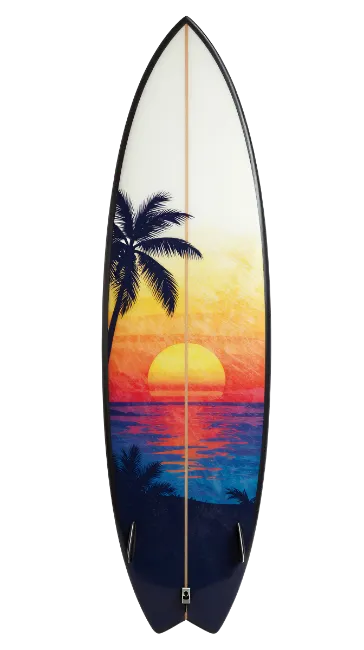 Surfboard with Tropical Sunset Graphic