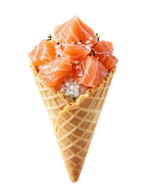 Sushi cone with fresh salmon in waffle cone