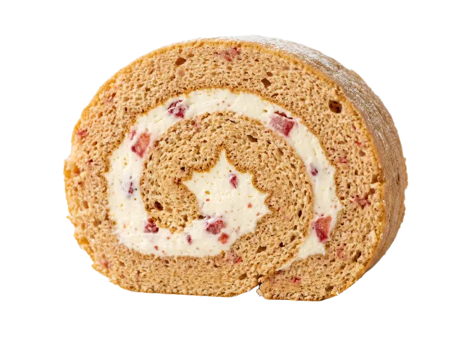 Swiss Roll Cake Slice with Cream and Strawberries
