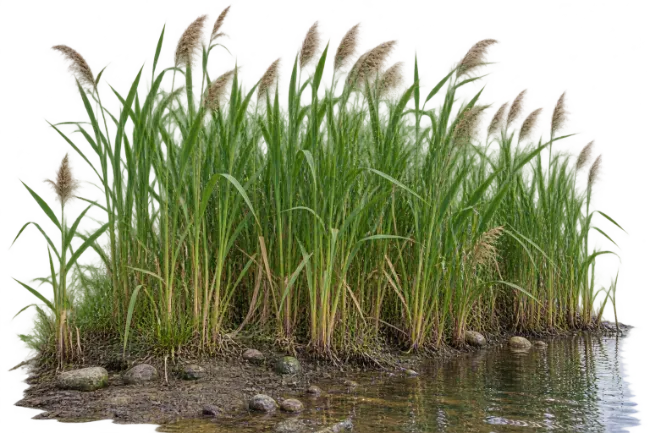 Tall Green Reeds and Wetland Grass Growing by Water Shore
