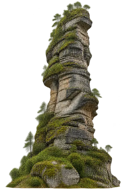 Tall Rocky Mountain Pillar with Green Moss and Trees
