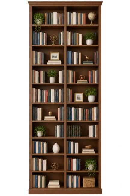 Tall Wooden Bookshelf Filled With Books And Decor