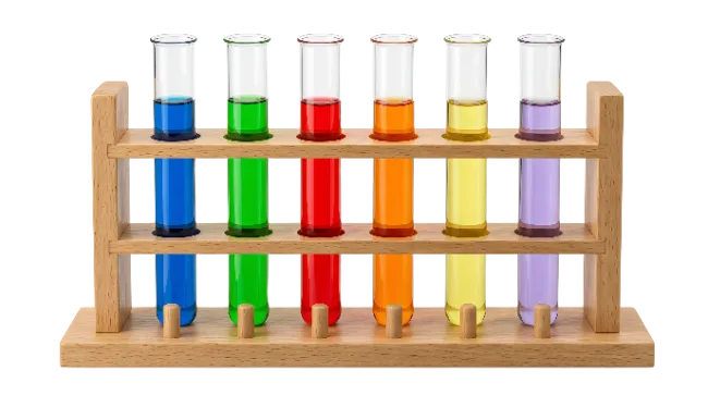 Test tubes with colorful liquids in wooden rack