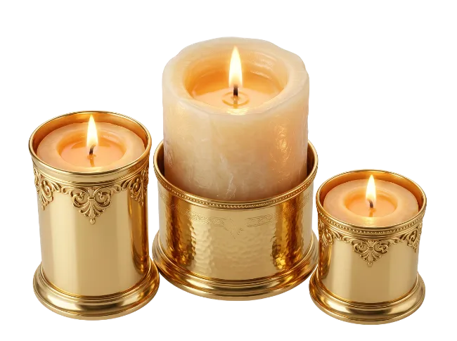 Three Burning Candles in Ornate Gold Holders