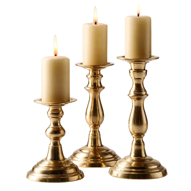 Three Burning Candles on Brass Holders