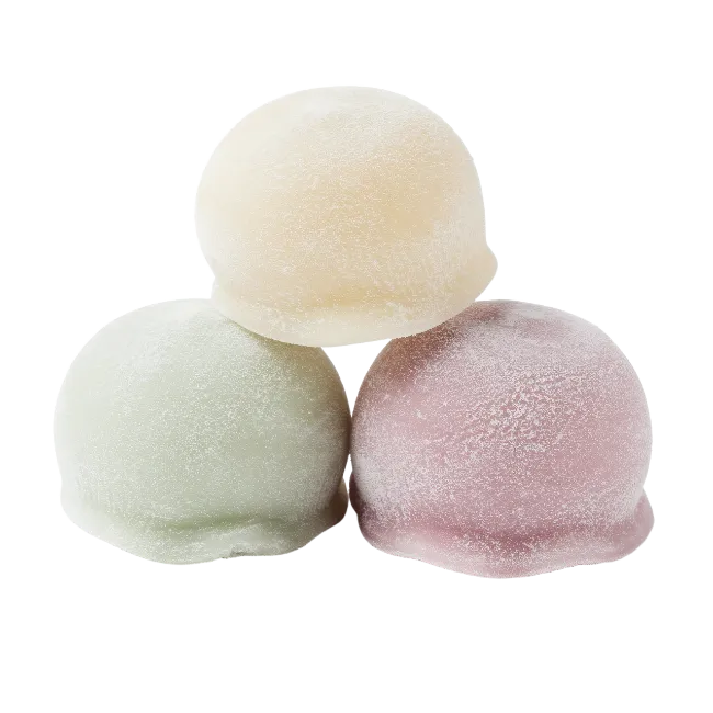 Three colorful mochi desserts stacked together