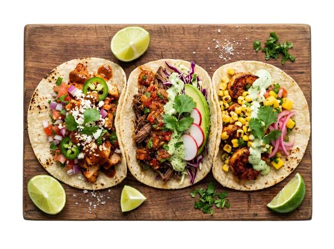 Three Delicious Mexican Tacos on Wooden Board