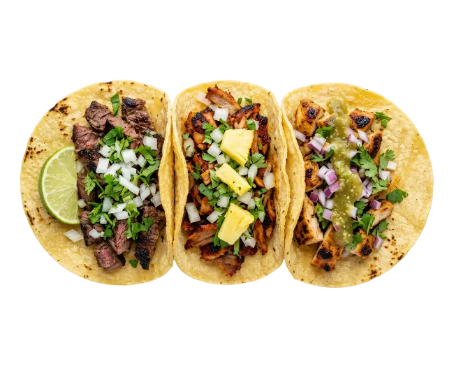 Three Delicious Mexican Tacos with Assorted Fillings