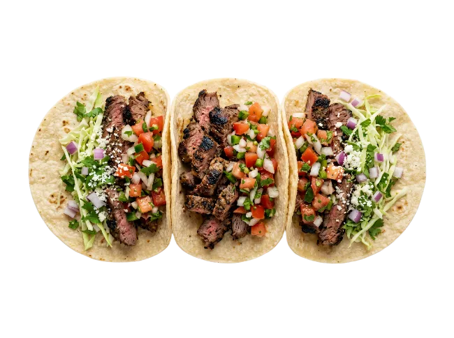 Three Delicious Steak Tacos with Fresh Toppings