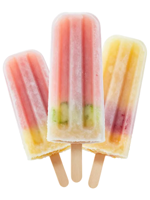 Three fruity ice pops on wooden sticks