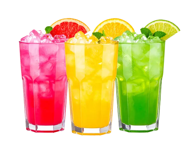 Three Glasses of Refreshing Fruit Juice with Ice