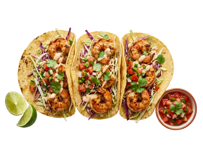 Three Grilled Shrimp Tacos With Lime And Salsa
